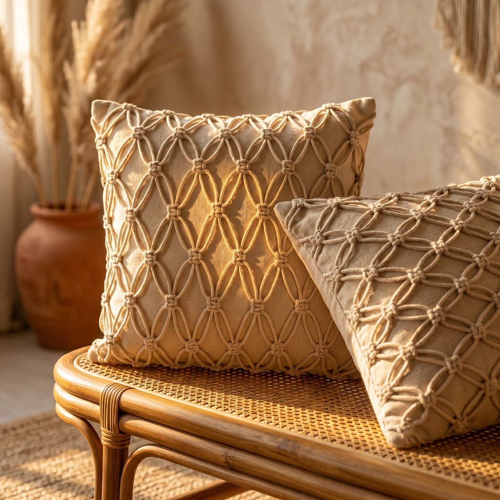 Ivory Macarame Cushion Cover