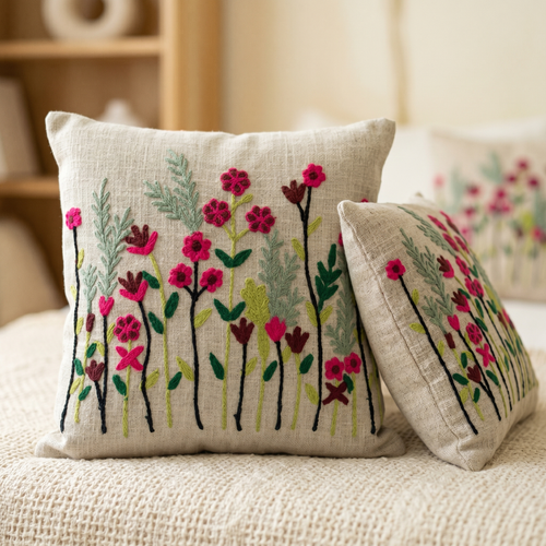 Cream Wildflower Embroidered Cushion Cover