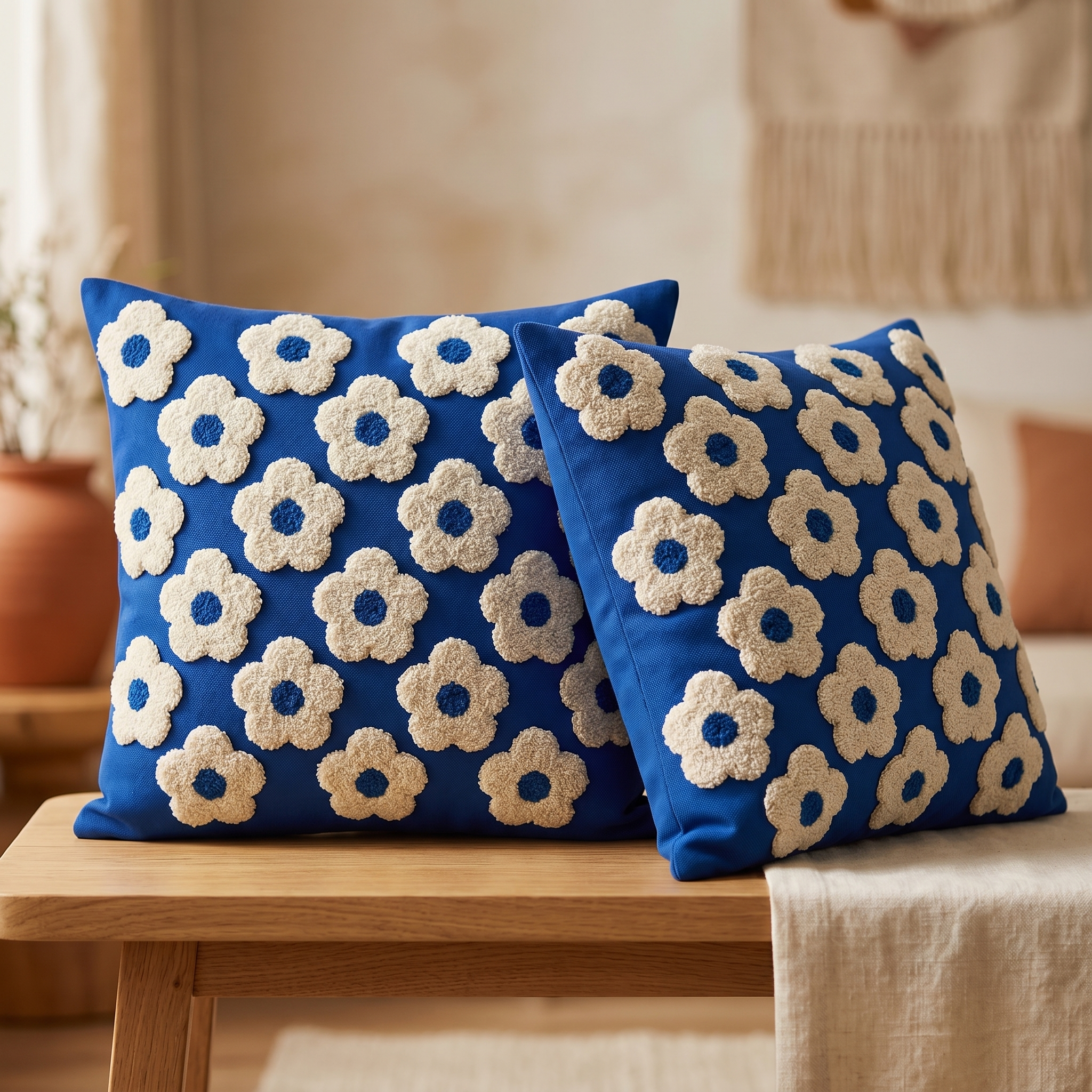 Blue Daisy Tufted Cushion Cover