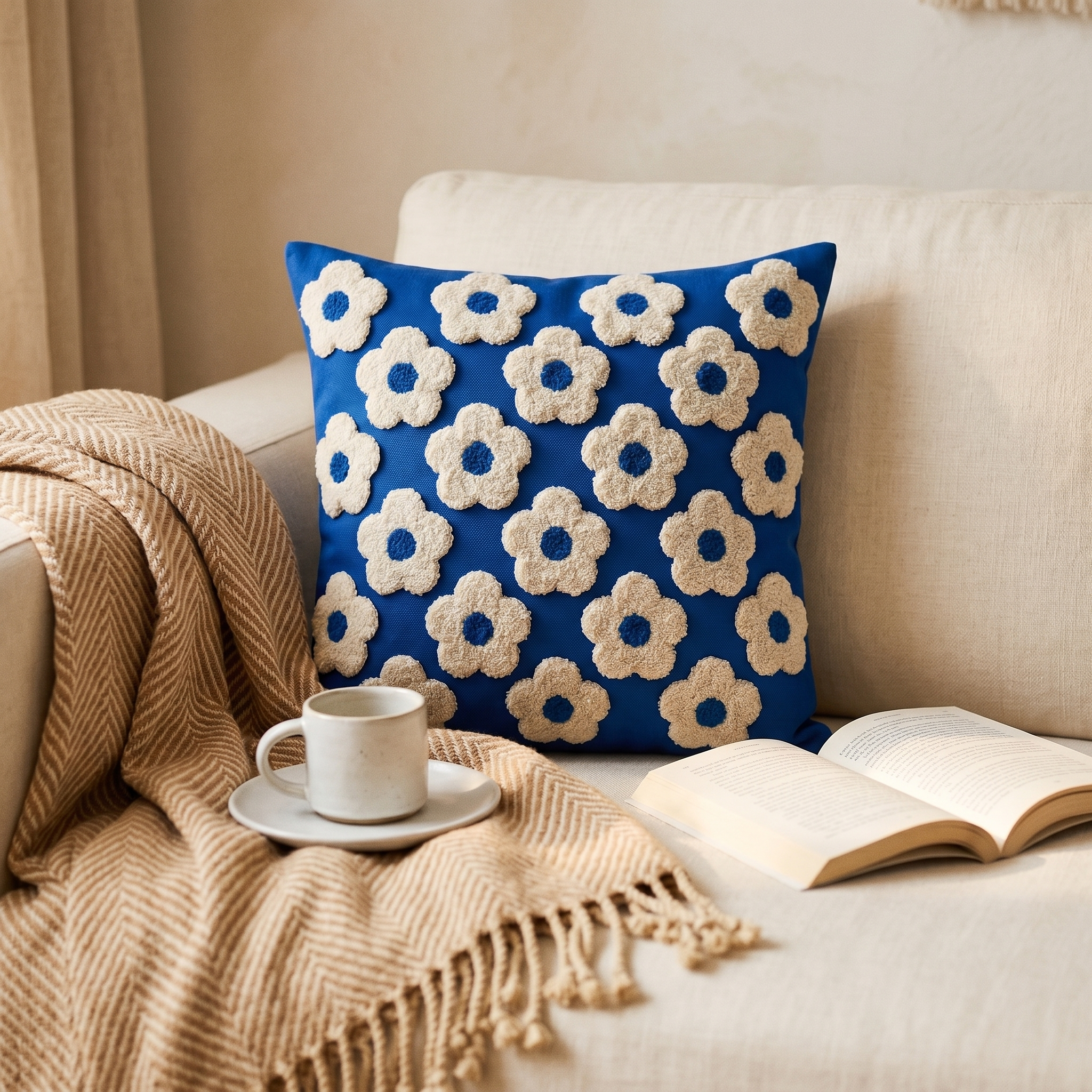 Blue Daisy Tufted Cushion Cover