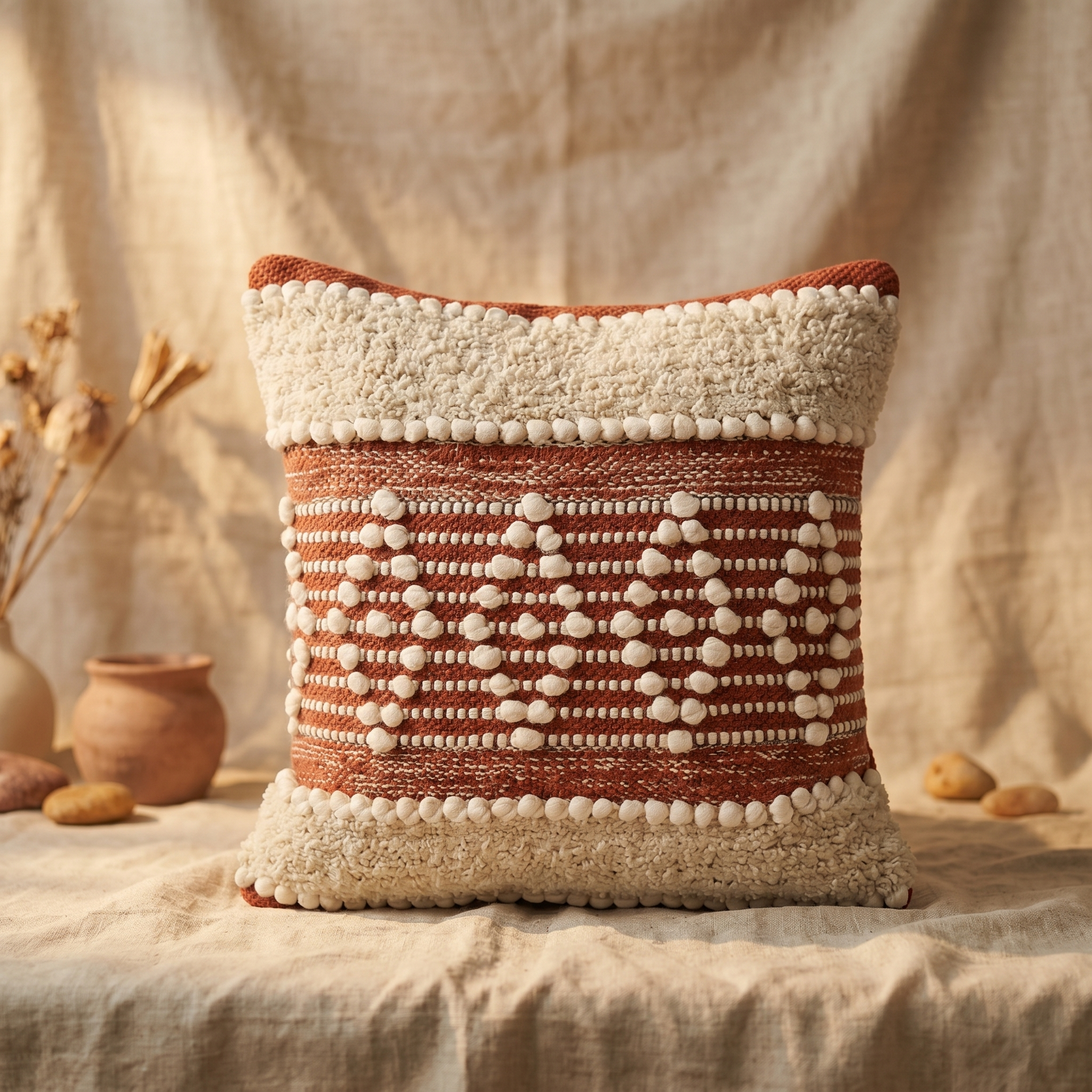 Rust Diamond Bobble Cushion Cover